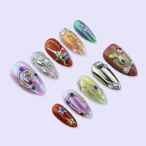 Y2K Press On Nails with Chrome Design And Colorful Gem | Medium Almond Fake Nails | Handmade Nails Art for Festival, Party, Streetwear Looks