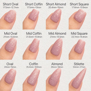 a collection of twelve different nail polish colors, each corresponding to a specific nail shape, such as short oval, short coffin, short almond, short square, mid oval, mid coffin, mid almond, mid sq