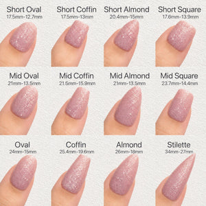 a collection of twelve different nail polish colors, each corresponding to a specific nail shape, such as short oval, short coffin, short almond, short square, mid oval, mid coffin, mid almond, mid sq