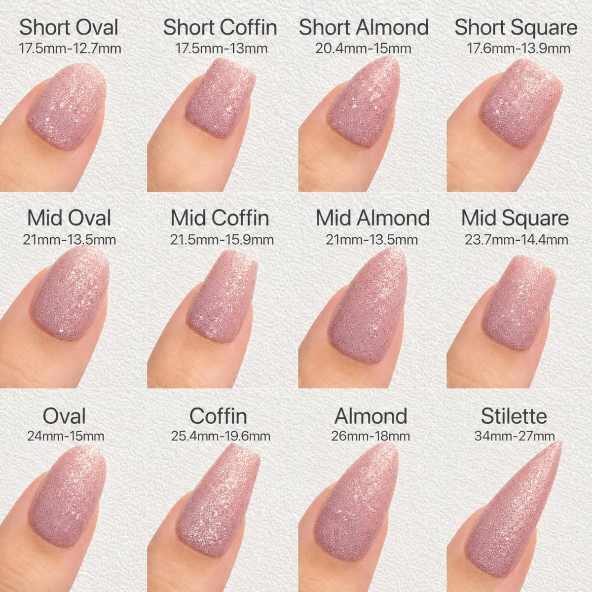 a collection of twelve different nail polish colors, each corresponding to a specific nail shape, such as short oval, short coffin, short almond, short square, mid oval, mid coffin, mid almond, mid sq