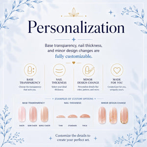 The image is a visual guide that provides information about personalized nail care, including options for base transparency, nail thickness, and minor design changes. It features examples of custom na