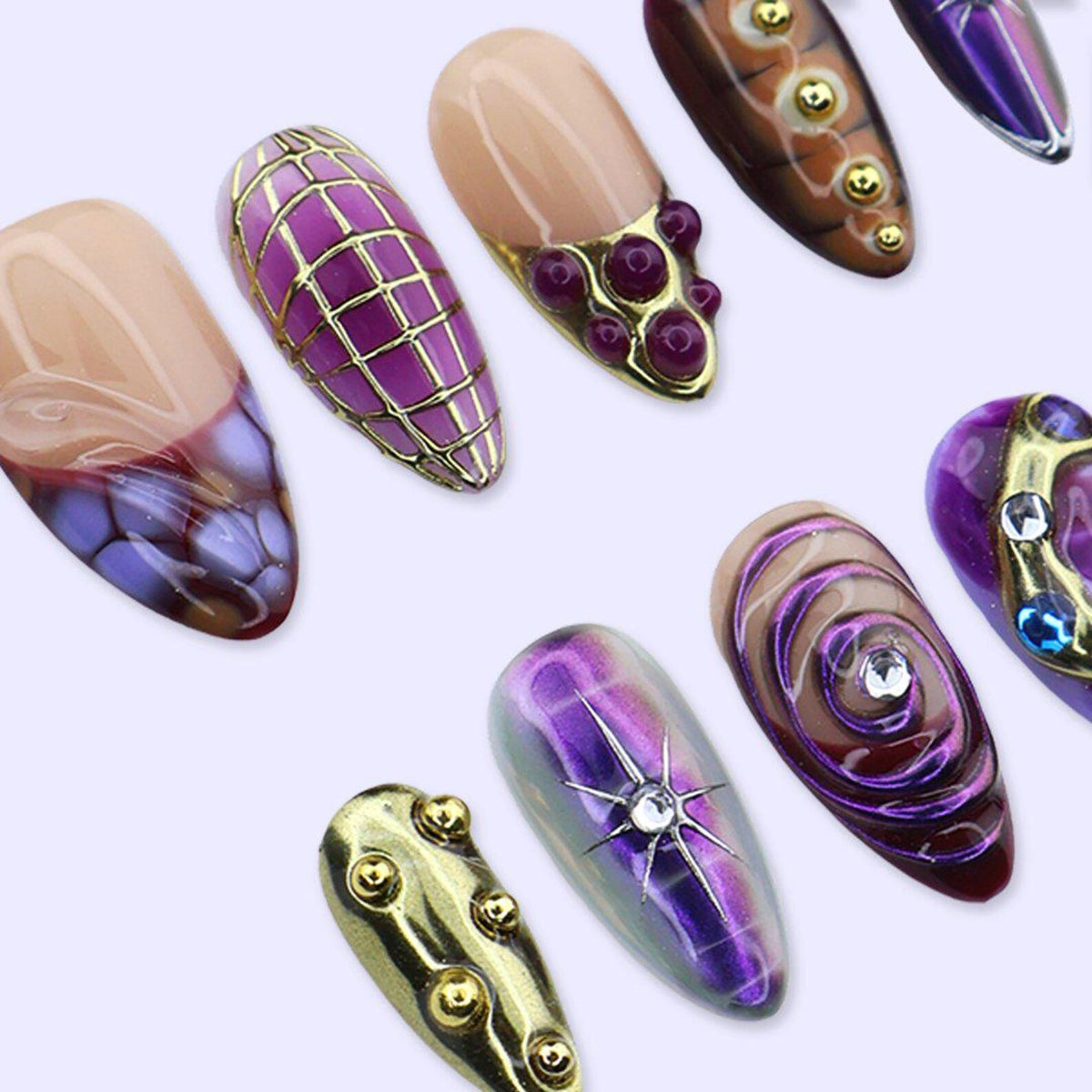 Y2K Press On Nails with Purple & Gold Chrome, Aura Swirl Art | Medium Almond Fake Nails | Handmade Nail Art for Party, Glam Looks
