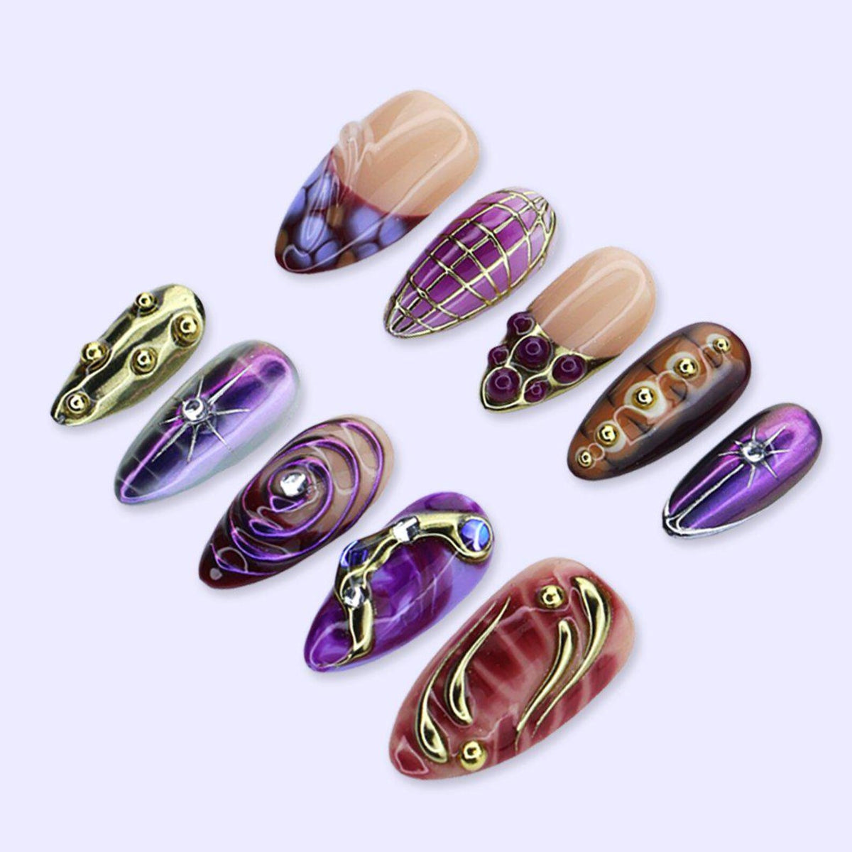 Y2K Press On Nails with Purple & Gold Chrome, Aura Swirl Art | Medium Almond Fake Nails | Handmade Nail Art for Party, Glam Looks