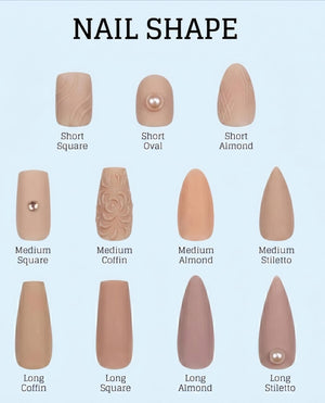 A chart titled NAIL SHAPE displaying twelve beige artificial nail samples in various lengths and shapes including square, oval, almond, coffin, and stiletto. Some nails feature embossed patterns or small pearl and rhinestone embellishments.