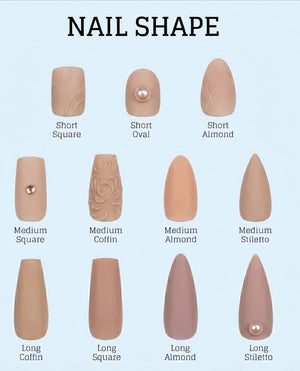 A chart titled NAIL SHAPE displaying twelve beige artificial nail tips in various lengths and shapes including square, oval, almond, coffin, and stiletto. Some nails feature embossed patterns or small round embellishments like pearls and rhinestones.