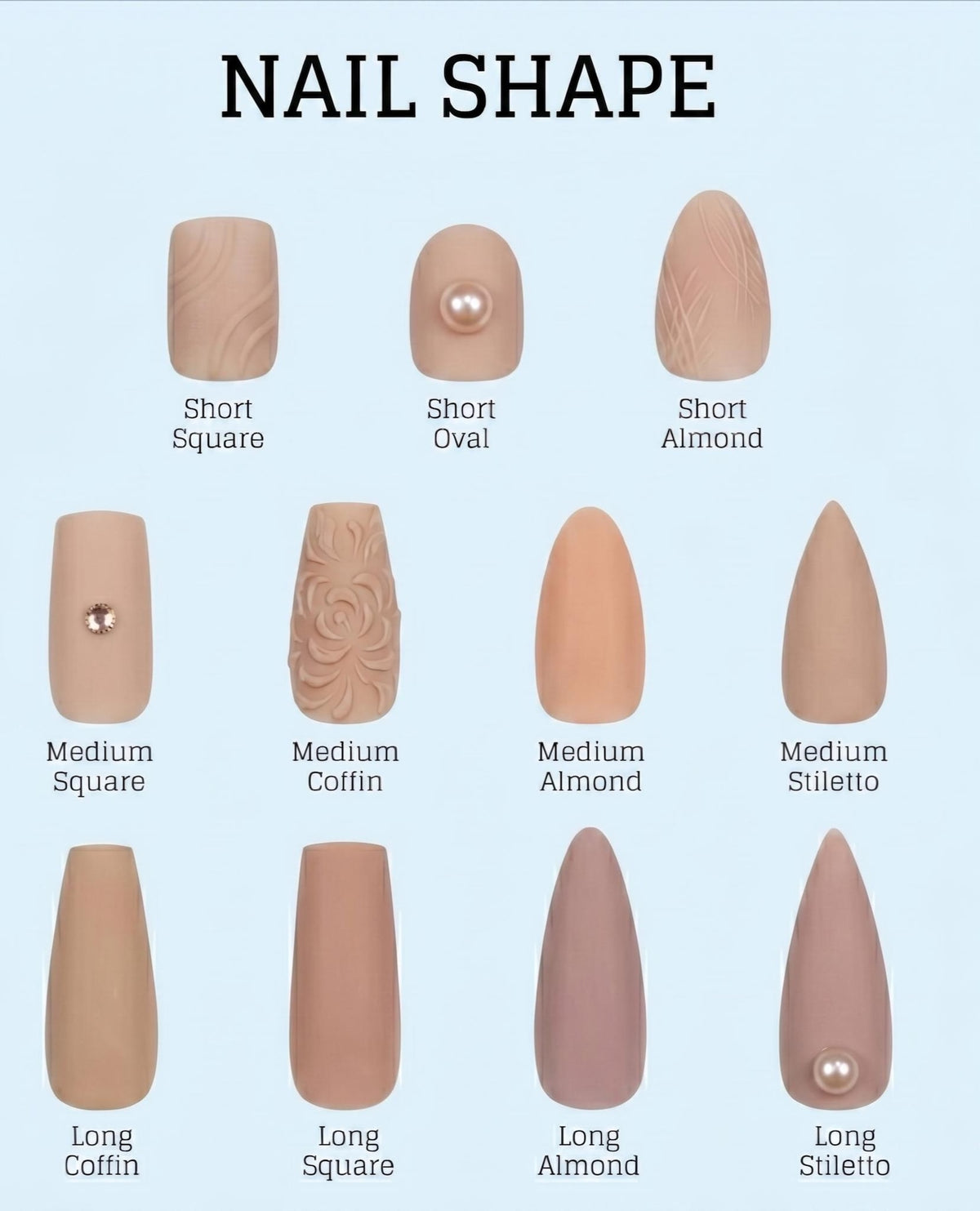A chart titled NAIL SHAPE displaying twelve beige artificial nail tips in various lengths and shapes including square, oval, almond, coffin, and stiletto. Some nails feature embossed patterns or small round embellishments like pearls and rhinestones.