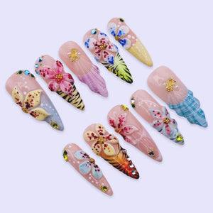 Summer Press On Nails With 3D Hibiscus And Shell | Long Almond Fake Nails | Tropical Handmade Nail Art For Beach Vacation, Party & Gift