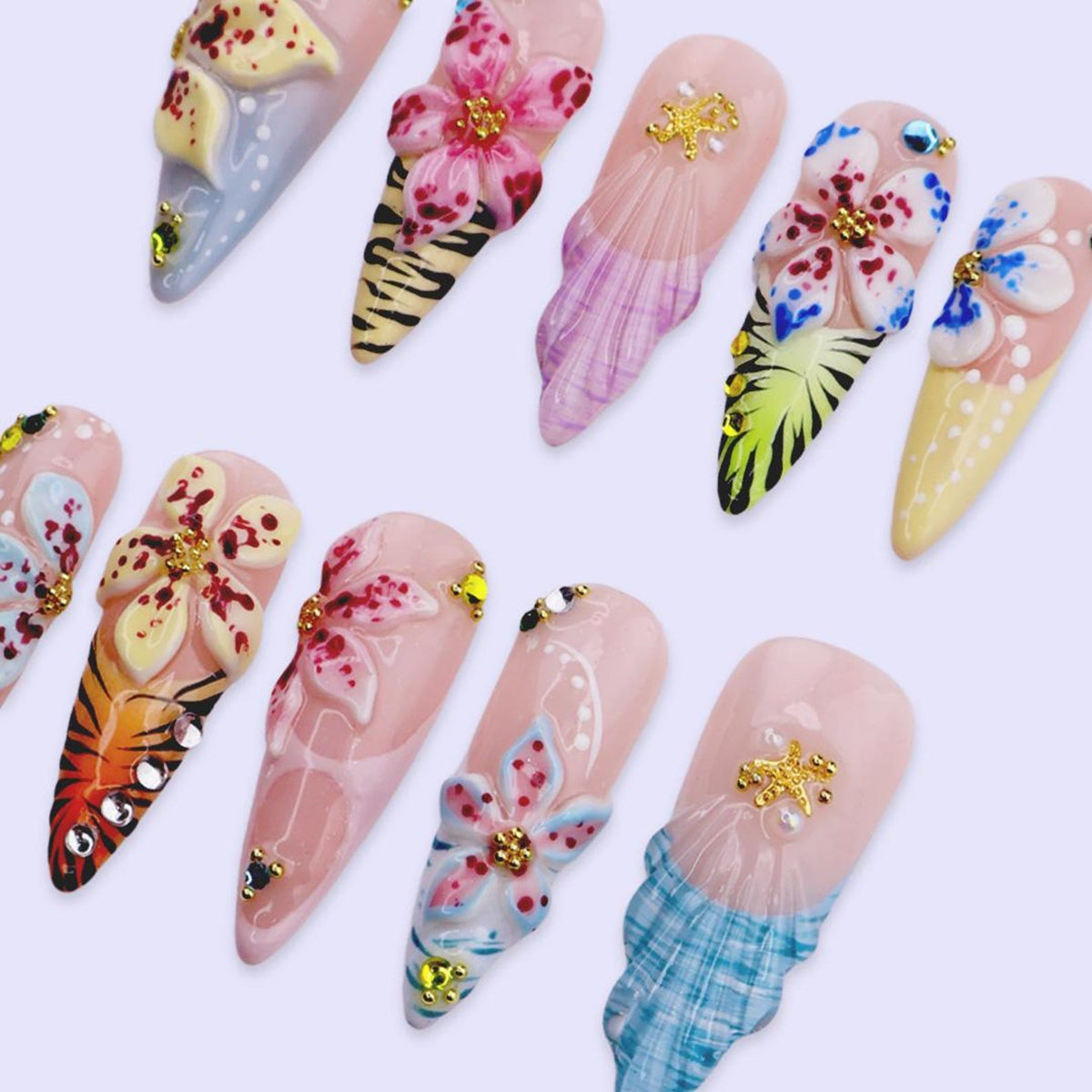 Summer Press On Nails With 3D Hibiscus And Shell | Long Almond Fake Nails | Tropical Handmade Nail Art For Beach Vacation, Party & Gift
