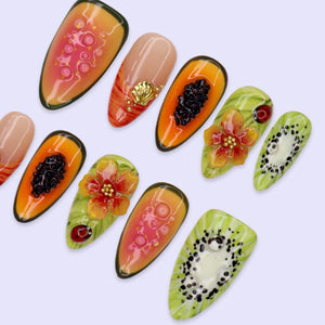 Summer Press On Nails With Papaya, Kiwi & Tropical Flower | Handmade Fruit Nail Art | Beach Vacation Fake Nails medium almond For Summer Holiday