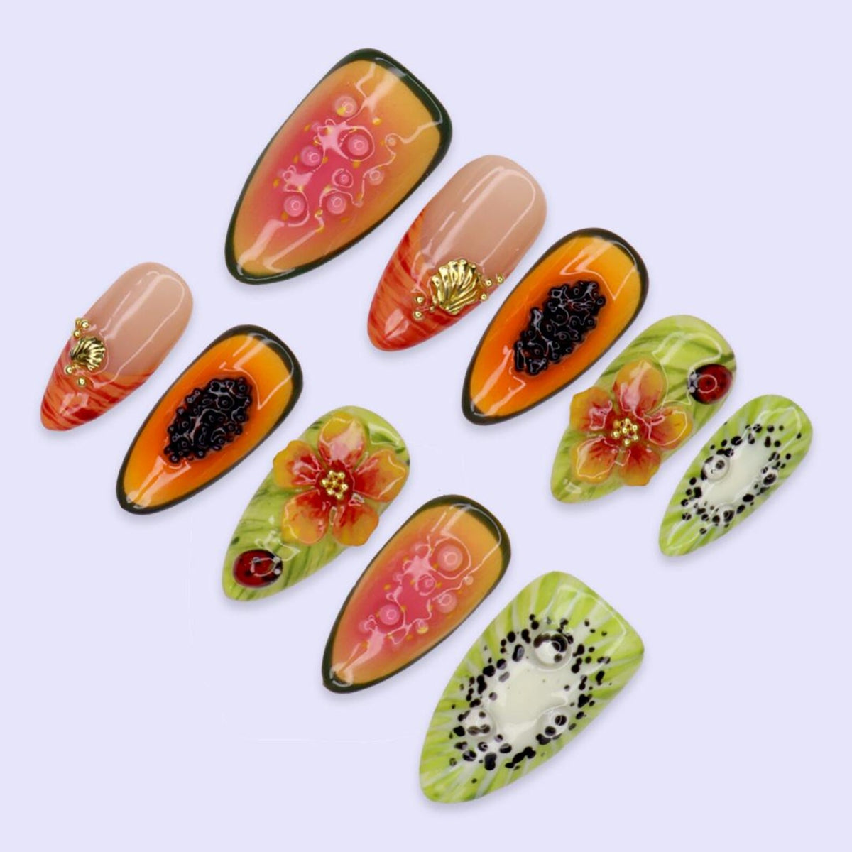 Summer Press On Nails With Papaya, Kiwi & Tropical Flower | Handmade Fruit Nail Art | Beach Vacation Fake Nails medium almond For Summer Holiday