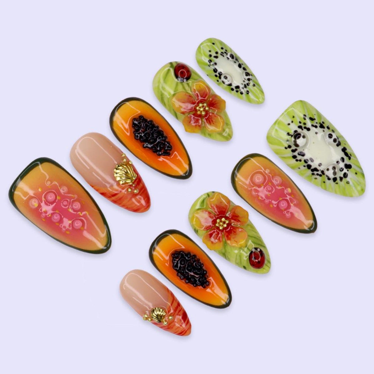 Summer Press On Nails With Papaya, Kiwi & Tropical Flower | Handmade Fruit Nail Art | Beach Vacation Fake Nails medium almond For Summer Holiday