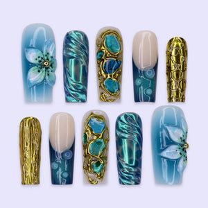 Summer Press On Nails With Turquoise Stone, Gold Chrome And 3D Blue Flower | Long Square Fake Nails | Luxury Handmade Nail Art For Vacation