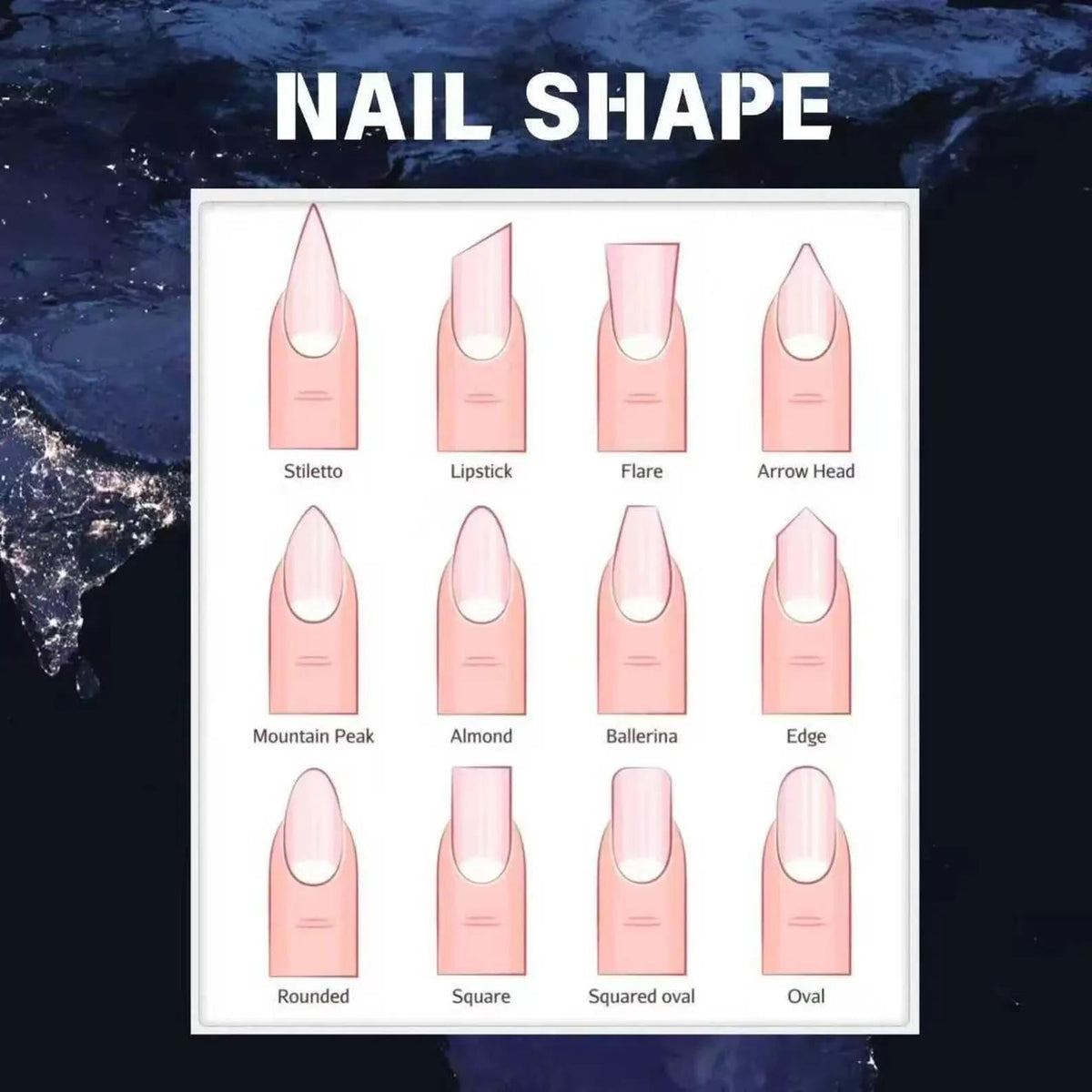A chart titled NAIL SHAPE displaying twelve illustrations of fingernails with different shapes labeled Stiletto, Lipstick, Flare, Arrow Head, Mountain Peak, Almond, Ballerina, Edge, Rounded, Square, Squared oval, and Oval.