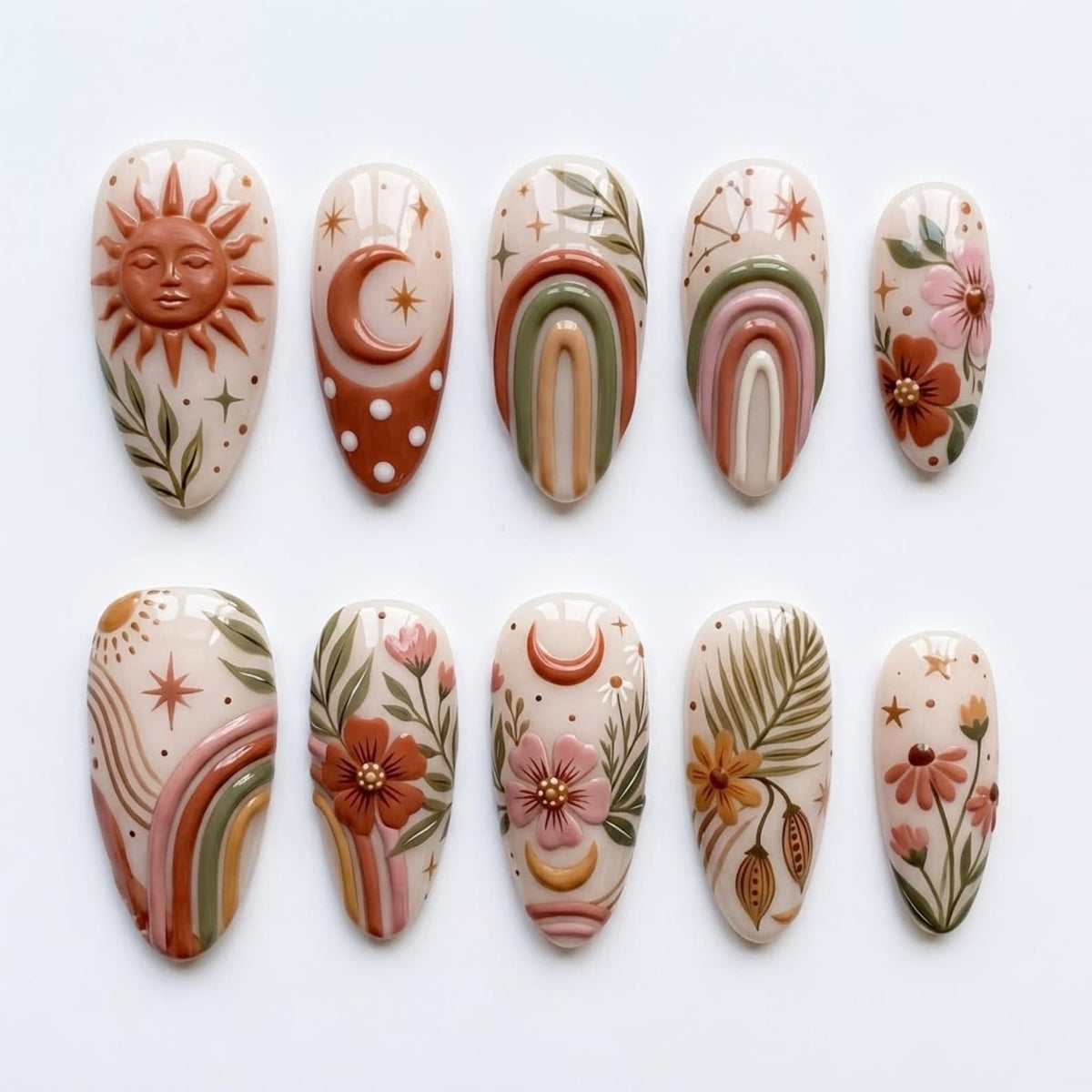 A set of ten almond-shaped press-on nails featuring a cream base with raised 3D designs. The patterns include a sun face, crescent moons, rainbows, stars, and various floral and botanical elements in shades of terracotta, sage, and pink.