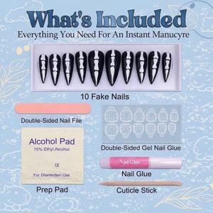 A set of 10 black fake nails with white skeleton finger bone designs, a pink double-sided nail file, an alcohol prep pad, a sheet of double-sided gel nail glue, a tube of nail glue, and a wooden cuticle stick for application.