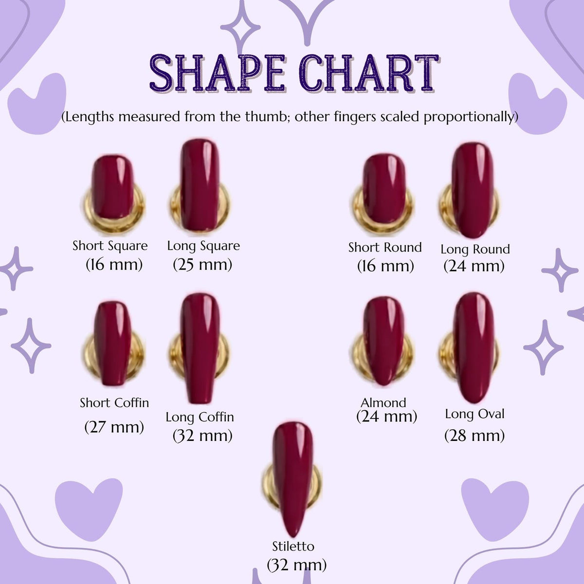 A nail shape chart featuring nine dark red nail samples in various styles including short square (16 mm), long square (25 mm), short round (16 mm), long round (24 mm), short coffin (27 mm), long coffin (32 mm), almond (24 mm), long oval (28 mm), and 