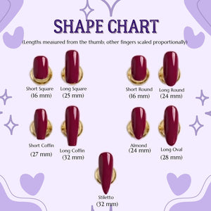A nail shape chart featuring nine dark red nail samples in various styles including short square (16 mm), long square (25 mm), short round (16 mm), long round (24 mm), short coffin (27 mm), long coffin (32 mm), almond (24 mm), long oval (28 mm), and 
