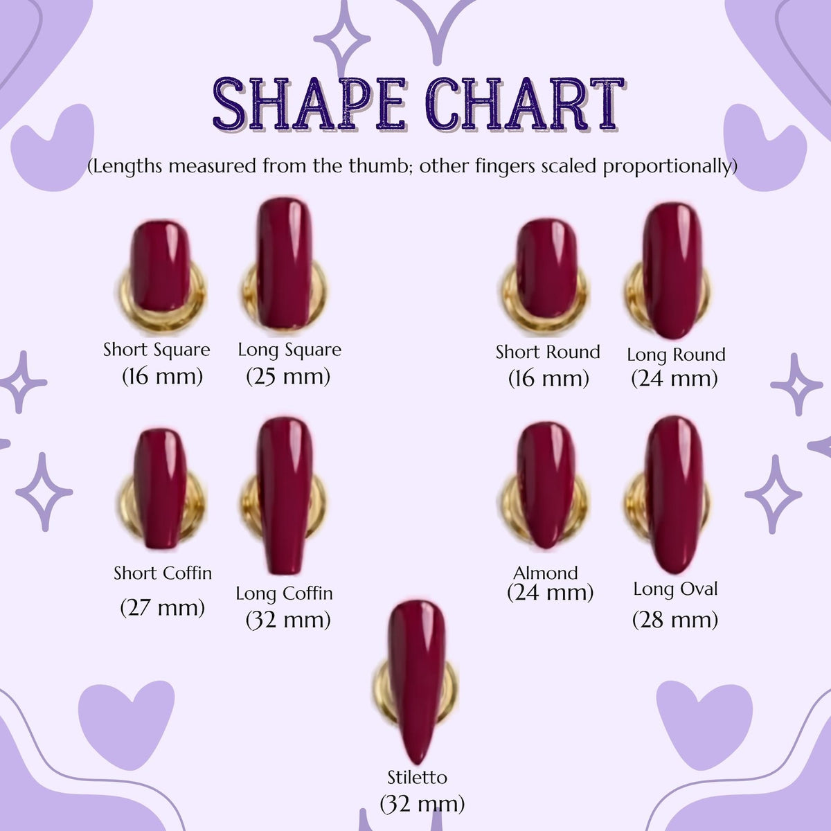 A nail shape chart displaying nine burgundy press-on nail samples in various styles including short square (16 mm), long square (25 mm), short round (16 mm), long round (24 mm), short coffin (27 mm), long coffin (32 mm), almond (24 mm), long oval (28