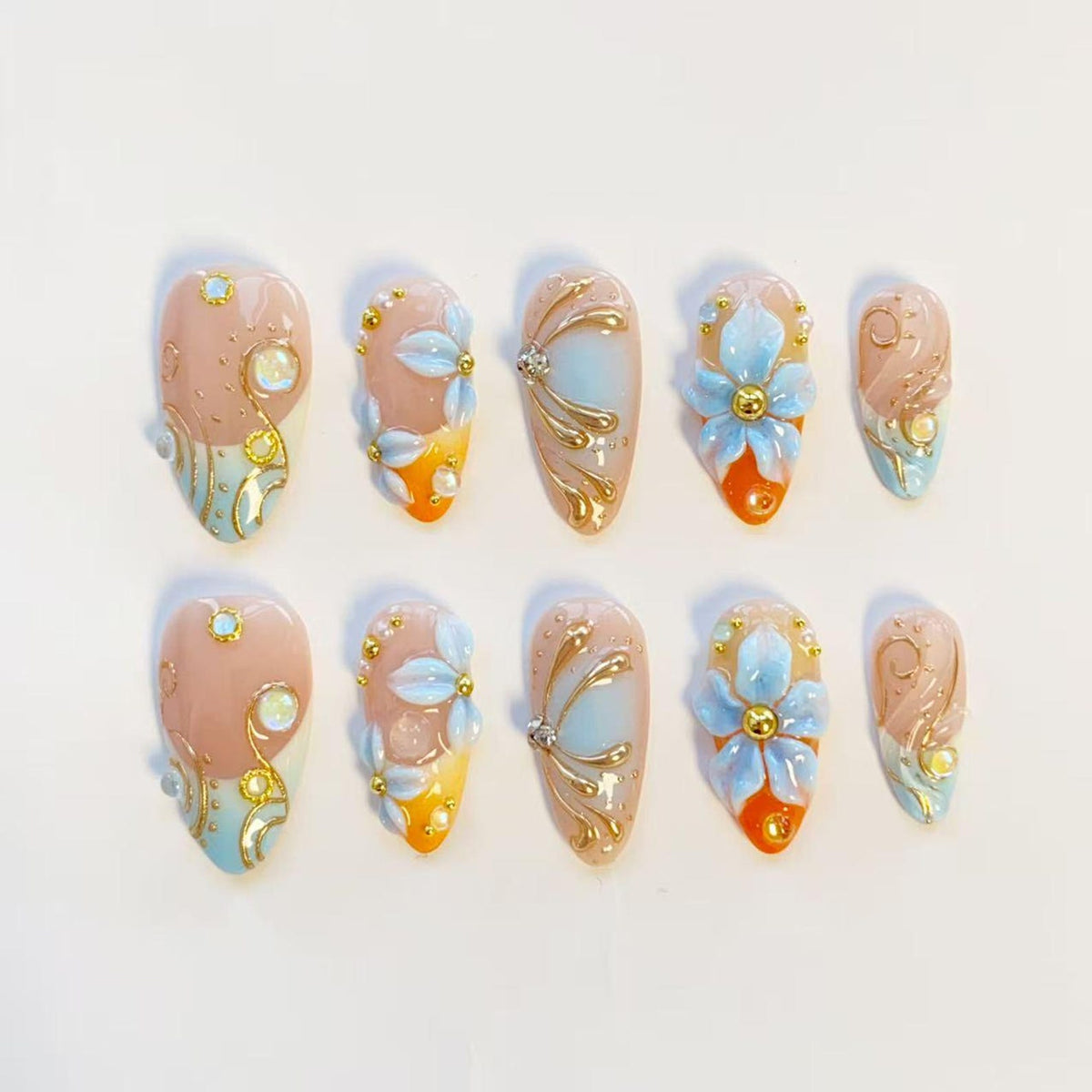 Orange Holiday nails/Green press on nails long almond nails/Elegant Nails/Summer nails/Holiday Vacation Custom nails/Mint Green Nails image 8