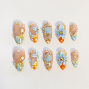 Orange Holiday nails/Green press on nails long almond nails/Elegant Nails/Summer nails/Holiday Vacation Custom nails/Mint Green Nails image 8