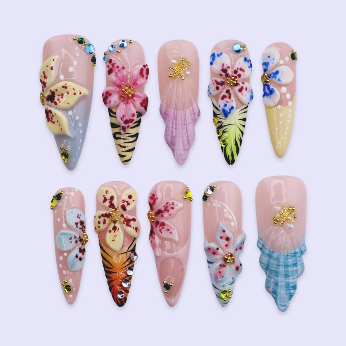 Summer Press On Nails With 3D Hibiscus And Shell | Long Almond Fake Nails | Tropical Handmade Nail Art For Beach Vacation, Party & Gift