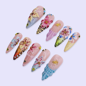 Summer Press On Nails With 3D Hibiscus And Shell | Long Almond Fake Nails | Tropical Handmade Nail Art For Beach Vacation, Party & Gift