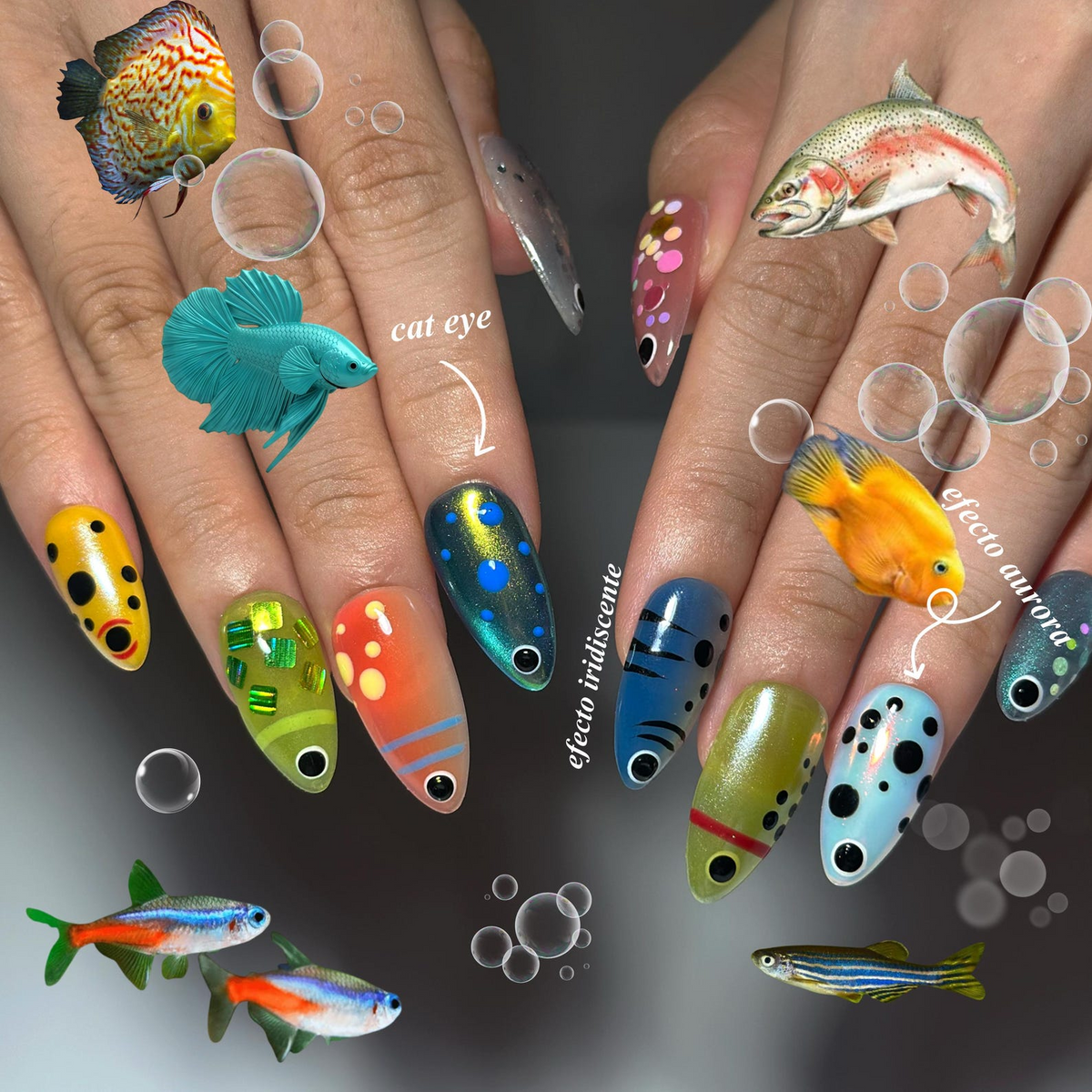 Summer Alien Eye Chrome Press On Nails, Summer Short Almond Abstract Nails, Beach Party Nails For Cute Funky Vacation Outfit Photos| OB420LC