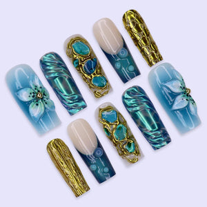 Summer Press On Nails With Turquoise Stone, Gold Chrome And 3D Blue Flower | Long Square Fake Nails | Luxury Handmade Nail Art For Vacation