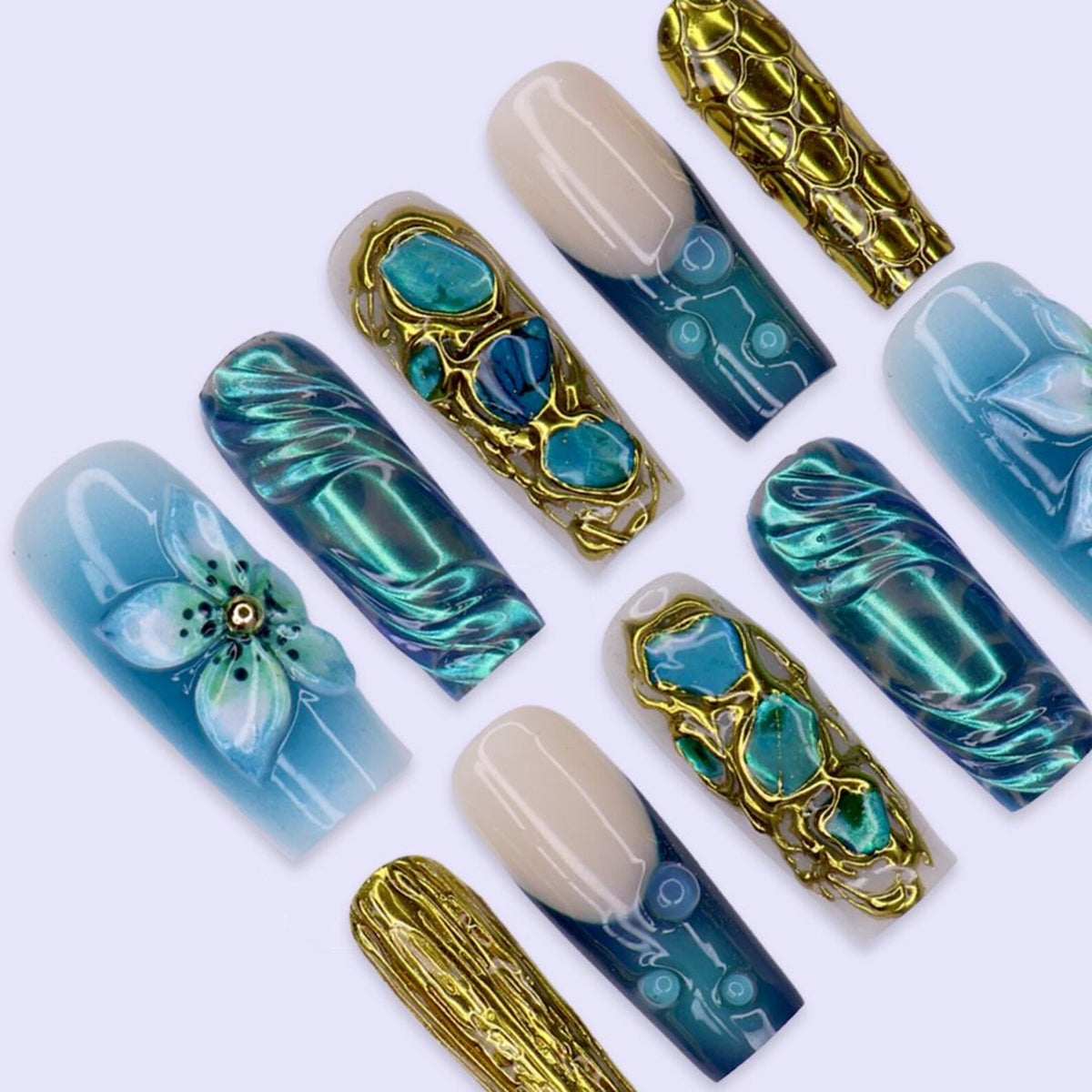 Summer Press On Nails With Turquoise Stone, Gold Chrome And 3D Blue Flower | Long Square Fake Nails | Luxury Handmade Nail Art For Vacation