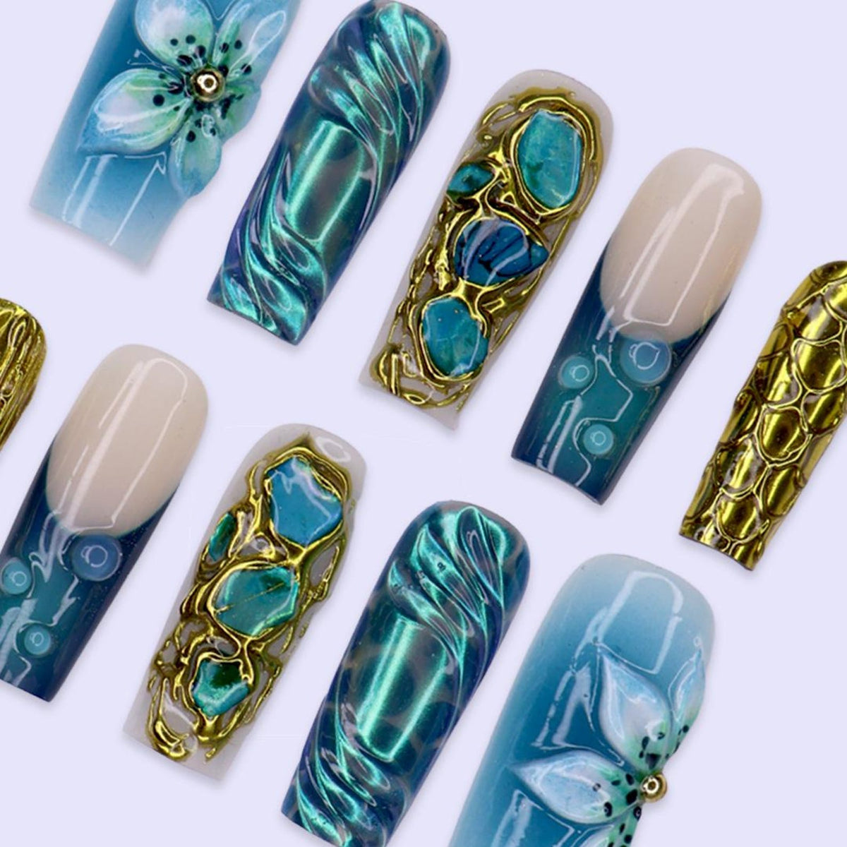 Summer Press On Nails With Turquoise Stone, Gold Chrome And 3D Blue Flower | Long Square Fake Nails | Luxury Handmade Nail Art For Vacation