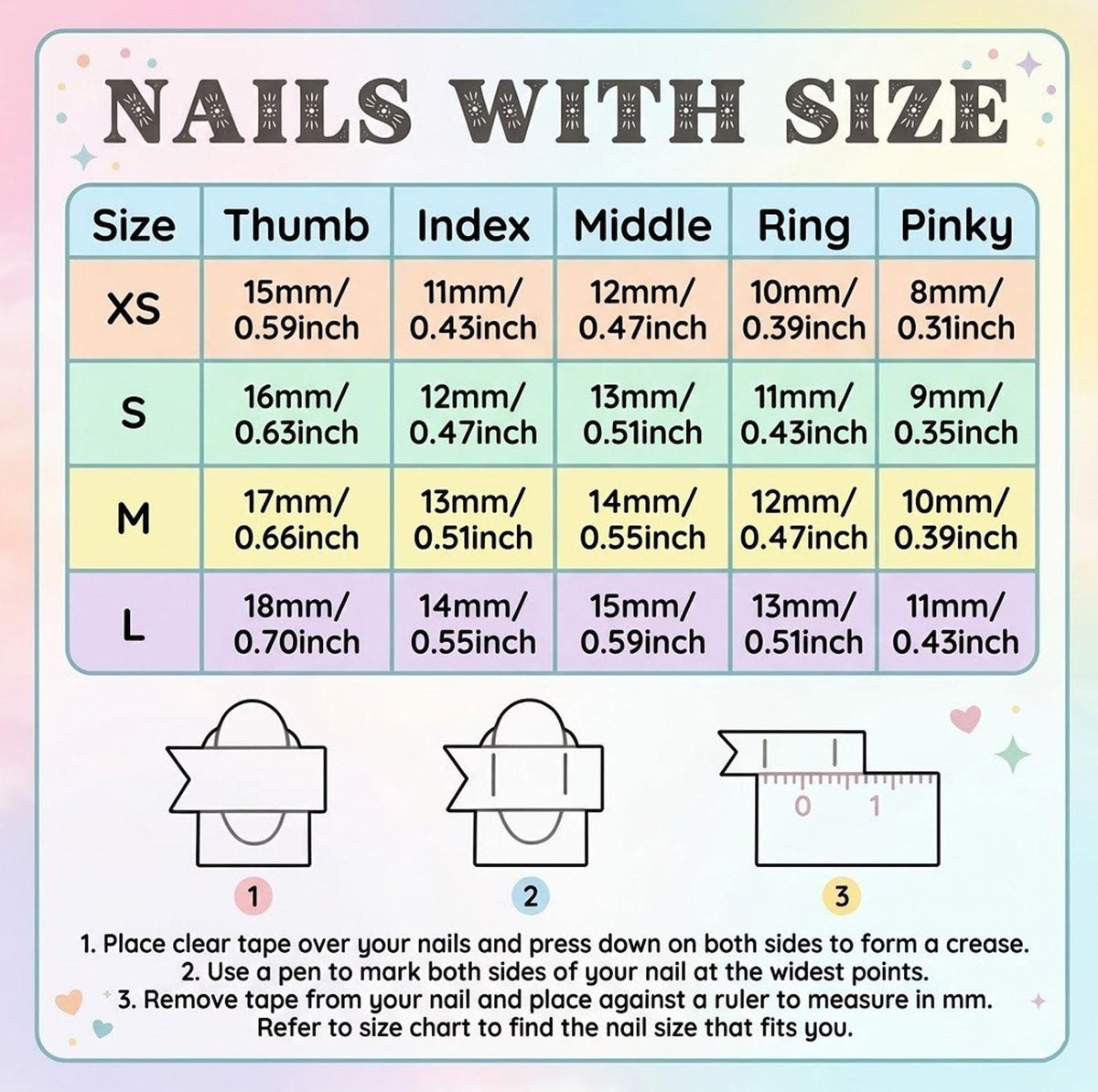A sizing chart for press-on nails titled NAILS WITH SIZE, featuring a table with rows for XS, S, M, and L sizes and columns for each finger. It includes instructions with numbered diagrams for measuring nails using tape and a ruler.