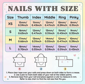 A sizing chart for press-on nails titled NAILS WITH SIZE, featuring a table with rows for XS, S, M, and L sizes and columns for each finger. It includes instructions with numbered diagrams for measuring nails using tape and a ruler.