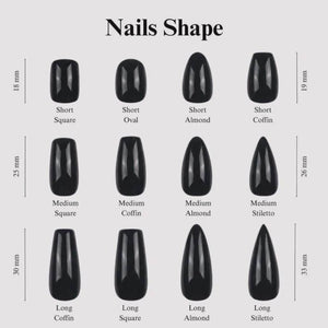 A chart titled Nails Shape displaying twelve black artificial nail samples in various lengths and shapes, including square, oval, almond, coffin, and stiletto. Vertical lines indicate lengths of 18 mm, 19 mm, 25 mm, 26 mm, 30 mm, and 33 mm.