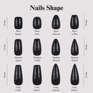 A chart titled Nails Shape displaying twelve black artificial nail samples in various lengths and shapes, including square, oval, almond, coffin, and stiletto. Vertical lines indicate lengths of 18 mm, 19 mm, 25 mm, 26 mm, 30 mm, and 33 mm.