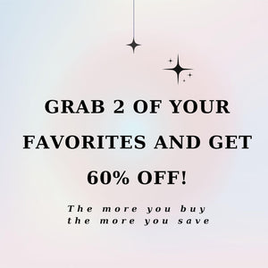 A digital graphic with a soft, pastel-colored gradient background featuring two black star icons at the top. The text reads: GRAB 2 OF YOUR FAVORITES AND GET 60% OFF! The more you buy the more you save. The design is centered and clear.