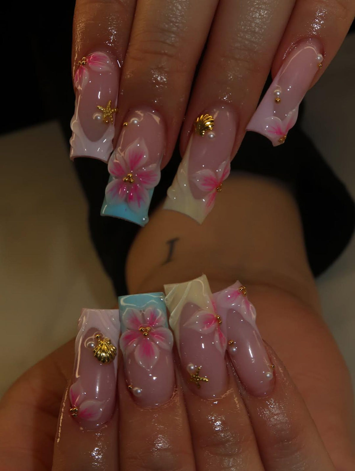 Pastel Mermaid Press On Nails With 3D Flower And Gold Charm | Long Square Fake Nails | Sweet Handmade Nail Art For Summer And Beach image 2