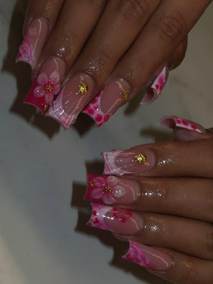 Hot Pink Press On Nails With 3D Flower And Plaid | Long Square Fake Nails | Vibrant Handmade Nail Art For Summer And Beach image 5