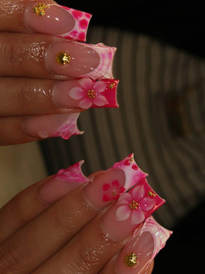 Hot Pink Press On Nails With 3D Flower And Plaid | Long Square Fake Nails | Vibrant Handmade Nail Art For Summer And Beach image 4