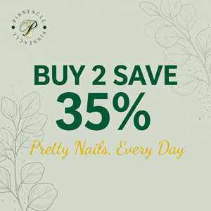 A square graphic with a light sage green background featuring dark green text that reads BUY 2 SAVE 35% and yellow script text that reads Pretty Nails, Every Day. The design includes a logo in the top left and line art of leaves.