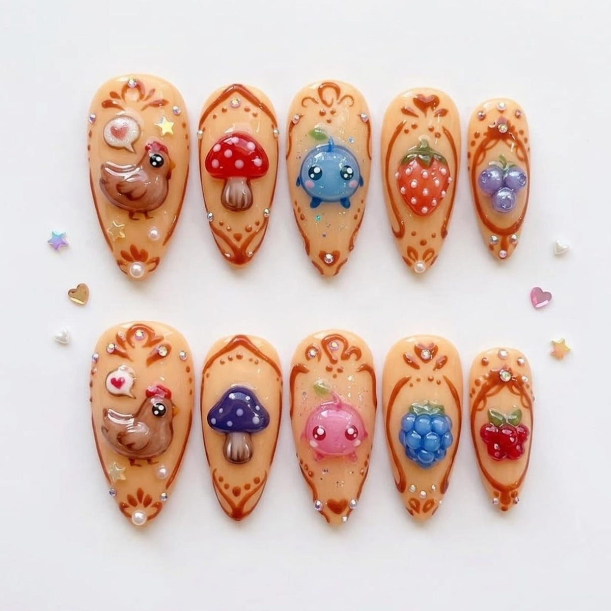 Stardew Valley Inspired Press On Nails | Pixel Game Chicken, Mushroom & Berry Art | Long Almond Nails for Cozy Cottage Aesthetic image 1