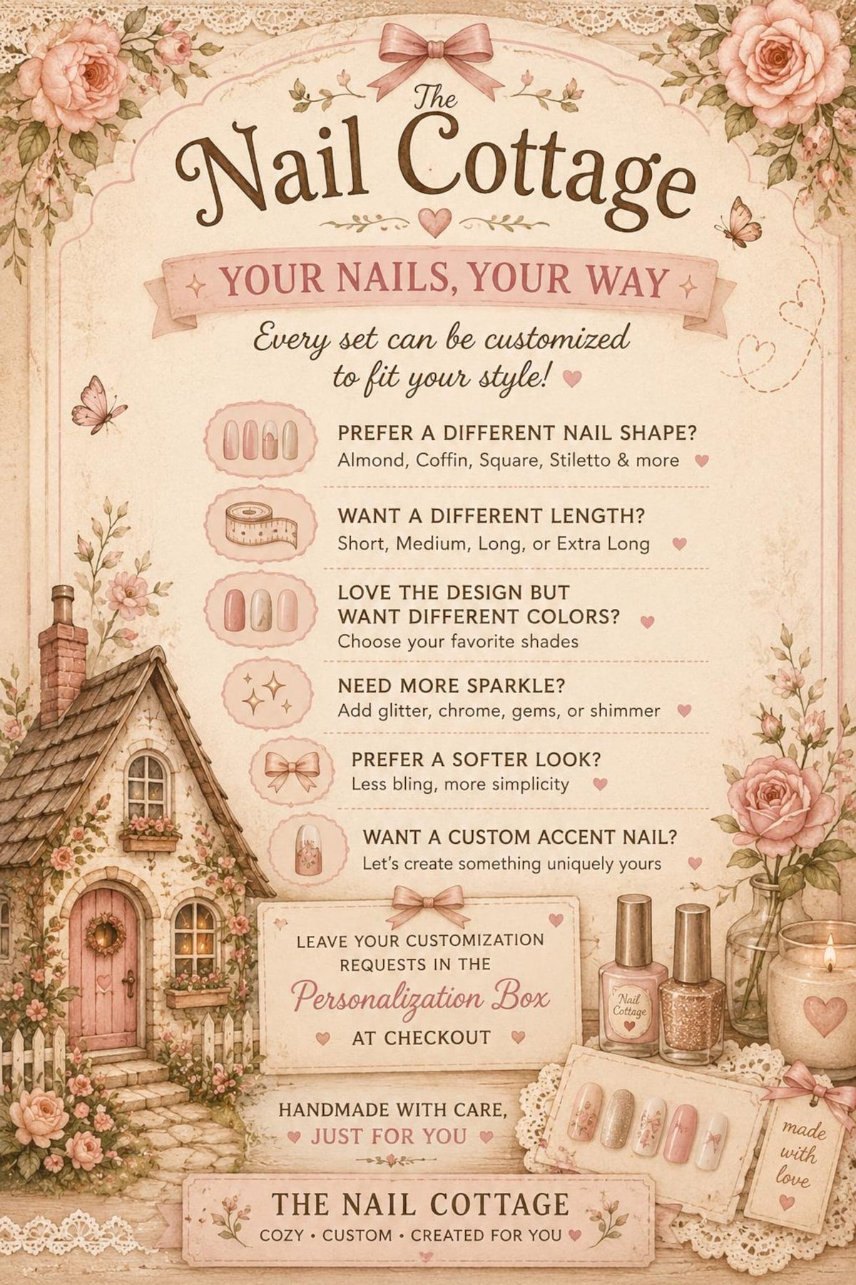 A beige informational flyer for The Nail Cottage featuring floral borders, a cottage illustration, and text detailing customization options for nail sets including shape, length, color, and finish, with nail polish bottles and press-on nails.