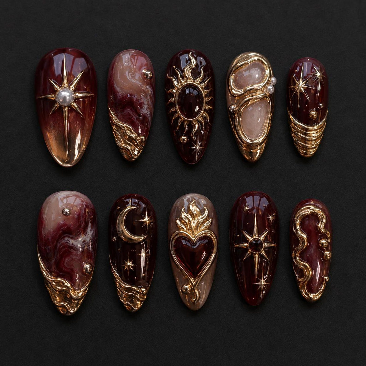 Golden Sun Gothic Press On Nails, Long Almond Burgundy Marble Nails with 3D Gold Chrome, Star Moon Custom Birthday Nails image 1