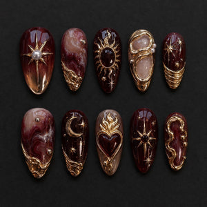 Golden Sun Gothic Press On Nails, Long Almond Burgundy Marble Nails with 3D Gold Chrome, Star Moon Custom Birthday Nails image 1