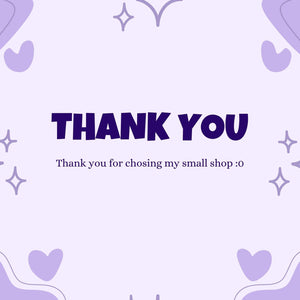 A square thank you card with a light purple background featuring dark purple text that reads THANK YOU and Thank you for chosing my small shop :0. The design includes dark purple heart shapes and four-pointed star icons in the corners.