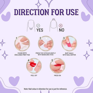 An instructional graphic titled DIRECTION FOR USE on a light purple background with heart and star icons. It features five numbered steps for applying press-on nails, including cleaning, cuticle care, buffing, peeling, and pressing on the nail.