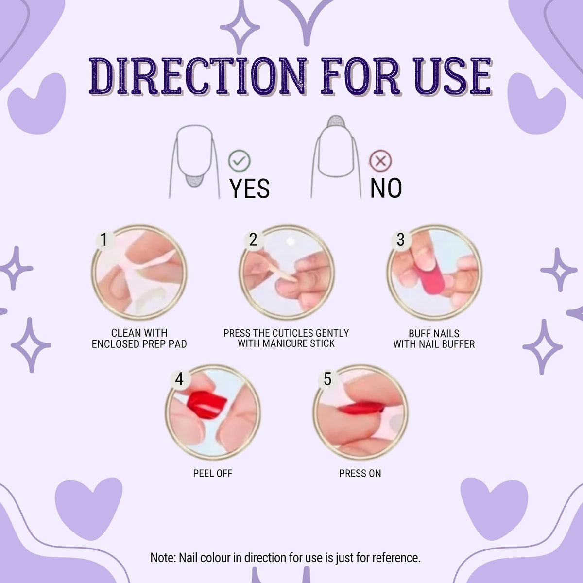 An instructional graphic on a light purple background titled DIRECTION FOR USE. It shows five steps for applying press-on nails: cleaning with a prep pad, pushing cuticles, buffing, peeling the backing, and pressing the nail onto the finger.