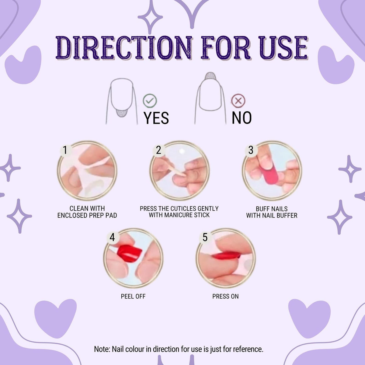 An instructional graphic on a light purple background titled DIRECTION FOR USE. It shows five steps for applying press-on nails: cleaning with a prep pad, pushing cuticles, buffing, peeling the backing, and pressing the nail onto the finger.