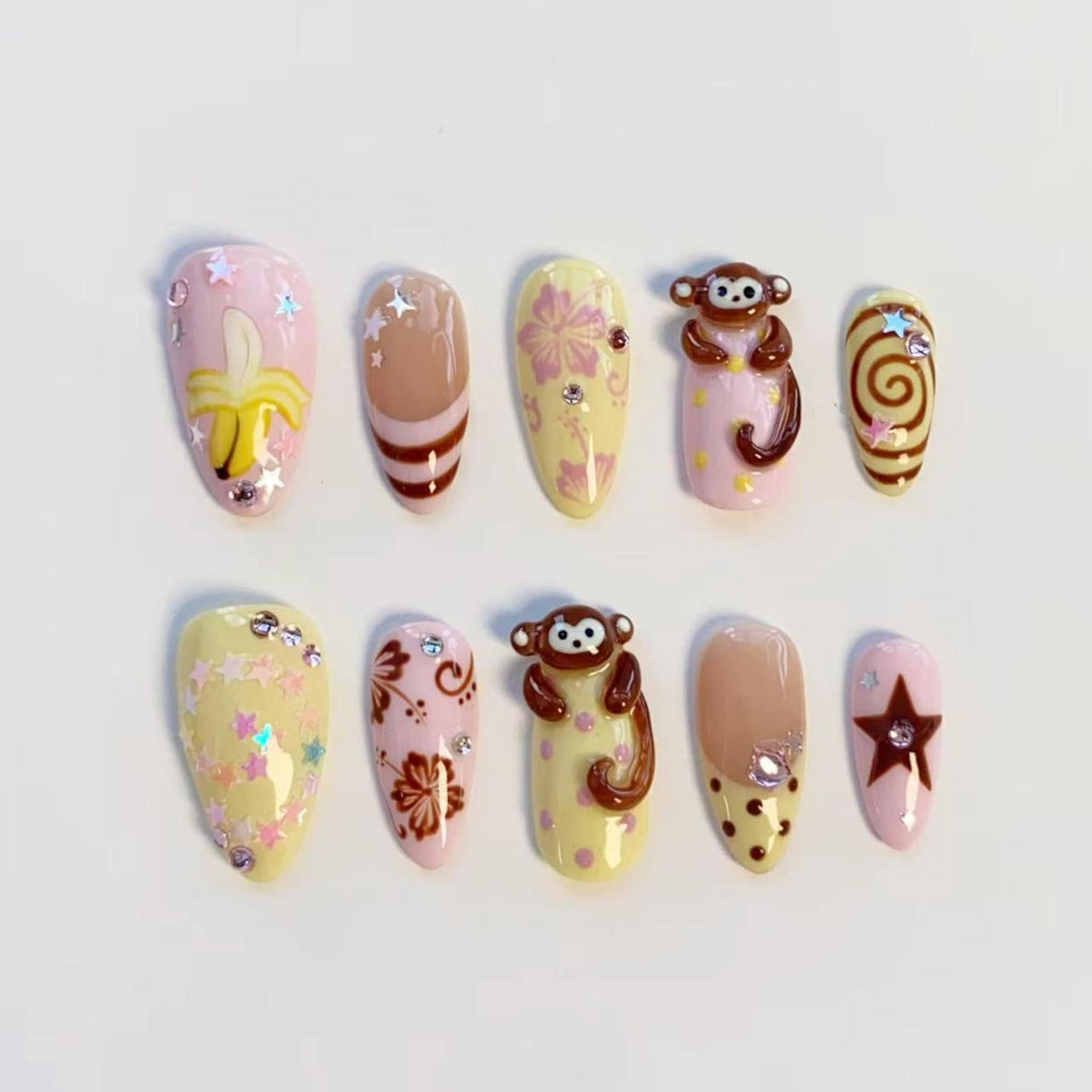 3D Monkey Banana Nails/Press On Nails Long Almond Nails/Tropical Floral Nails/Kawaii Cartoon Nails/Summer Party Nails/Custom Nails image 1