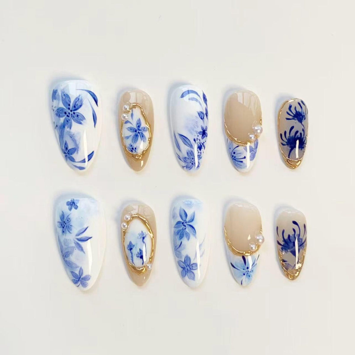 Blue Floral Nails/Press On Nails Long Almond Nails/Porcelain Nails/Gold Frame Pearl Nails/Elegant Ink Flower Nails/Bridal Nails/Custom Nails image 1