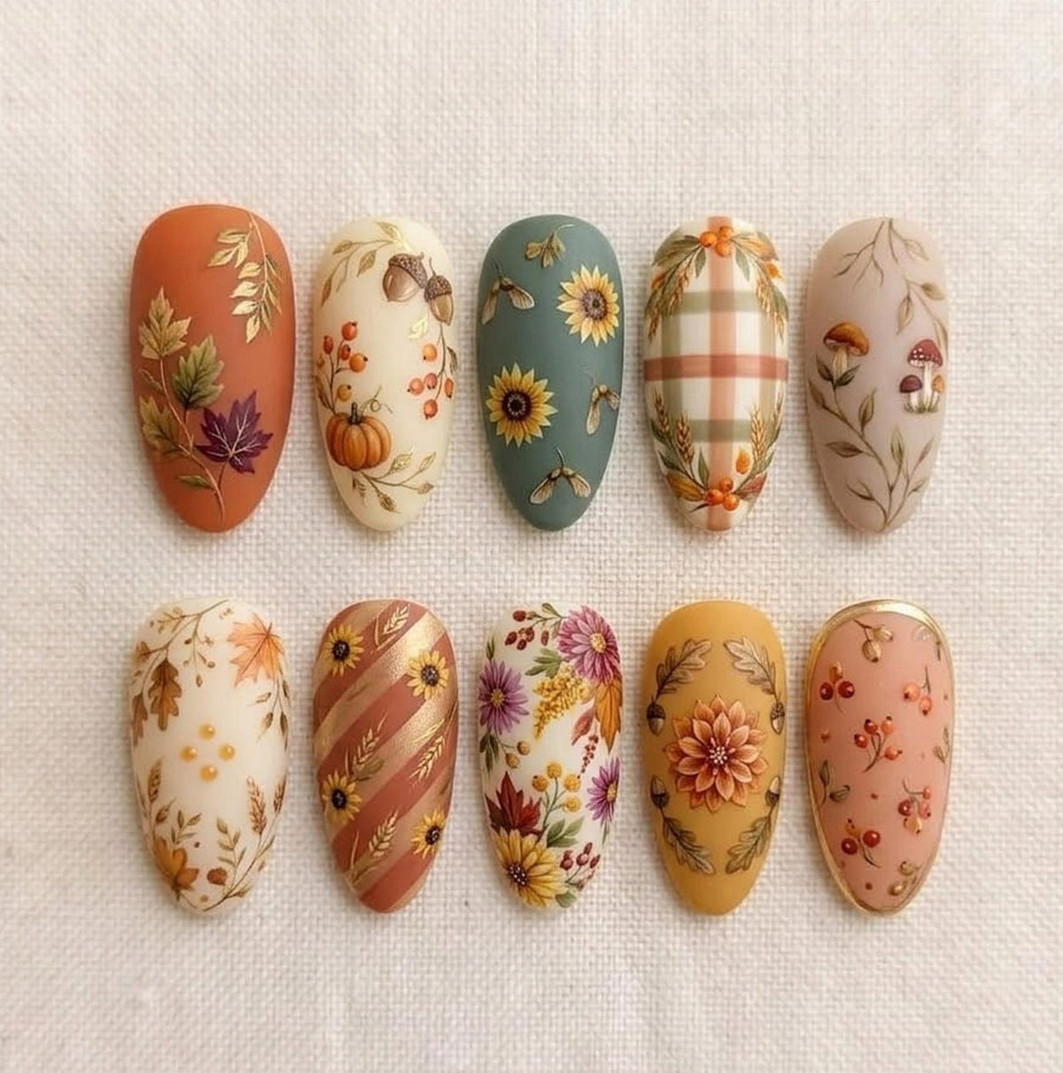 Handmade Nails | Cottagecore Autumn Harvest, 3D Matte Sunflower And Pumpkin, Vintage Plaid & Thanksgiving Floral Art image 1
